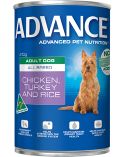 Advance Adult All Breed Chicken, Turkey & Rice 410g x 12 cans/Tray|
