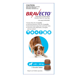 Bravecto Flea & Tick CHEWABLE Tablet for Large Dogs 20 to 40kg (Blue) 2 Pack|