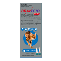 Bravecto PLUS Flea, Tick & Worm SPOT ON for Medium Cats 2.8 to 6.25kg (Blue) 2 Pack|