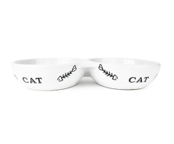 Cattitude Double Ceramic Cat Bowl Fishbone White|