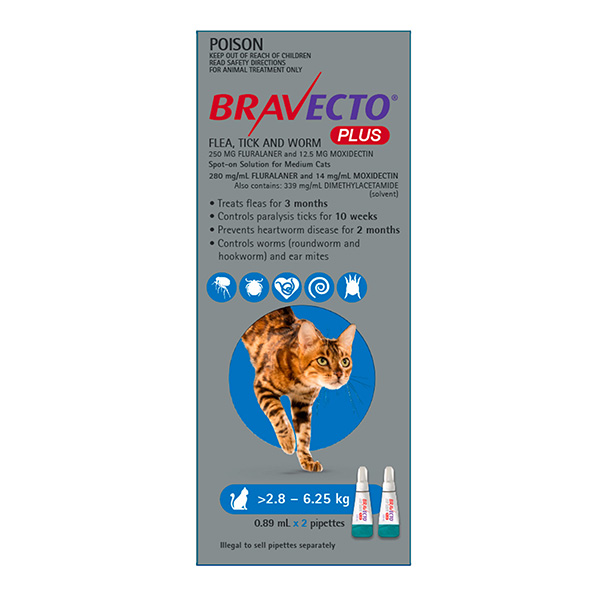 Bravecto Plus Flea, Tick & Worm SPOT ON for Medium Cats 2.8 to 6.25kg